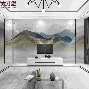 影视墙3d立体墙纸 山水壁画客厅壁布电视背景墙壁纸2021新款 新中式