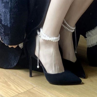 亚马 绝美2023新款 成年礼珍珠细跟绑带设计法式 凉鞋 黑色高跟鞋 新款