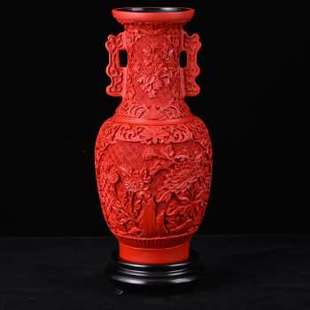 扬州漆器厂特色脱胎剔红雕漆送老外花瓶摆件仿古单位促 包邮 厂新款