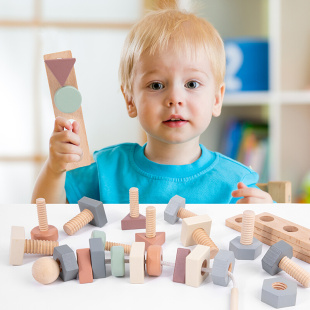 螺母积木形状颜色配对 高端榉木儿童拧螺丝益智玩具宝宝组合拆装