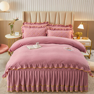 纯色床上用品 四件套床裙贴绣布被套1.8m夹棉加厚床罩套欧式 新款