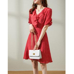 波点连衣裙 气质时尚 女装 中长桑蚕丝法式 新款 红色真丝裙子2023夏款