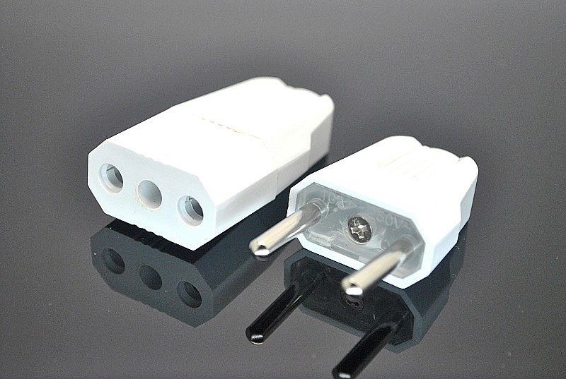 两圆脚电源延长线公头母头配套连接 白色欧式 欧规接线用对接插头
