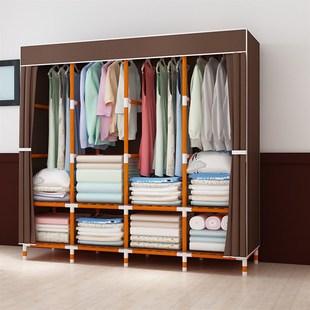 收纳卧室家用木质 简易衣柜实木布出租n房用经济型布艺塑料窗帘式