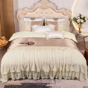 蕾丝刺绣床单1.8m床贡缎被 床上用品四件套高档公主风床y裙款 欧式