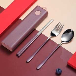 一人食儿童餐具三件套不锈钢叉子单人学生收纳盒 便携筷子勺子套装
