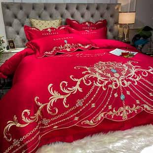 全棉婚庆四件套高档奢华刺绣被套大红色床单纯棉结婚床上 欧式 新款