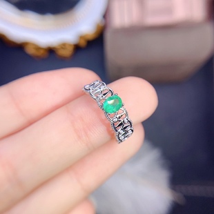 天然祖母绿戒指 设计感4 时尚 5MM开口戒指 925银镀18K金镶嵌