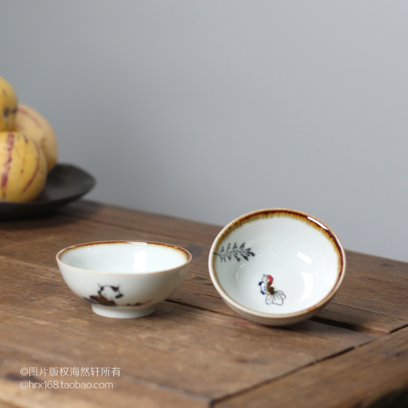 中式 手绘釉里红小童金鱼品茗杯 潮州功夫茶具茶杯 复古小茶碗