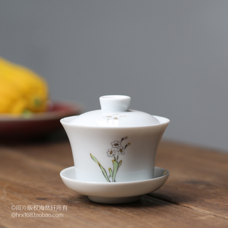 复古手绘水仙小盖碗 传统潮州功夫茶具三才碗杯 超小号 陶瓷茶碗