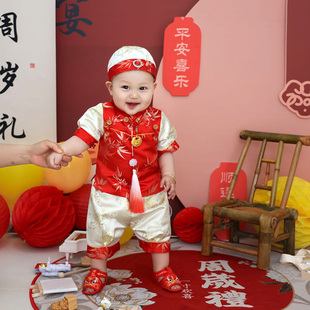宝宝周岁礼服男1岁生日抓周服中国风唐装 夏季 婴儿衣服红色套装