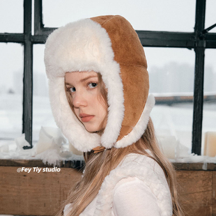 FeyTiy 舒适一体加绒雷锋帽fever同款 防风护耳滑雪骑行猎户帽 冬季