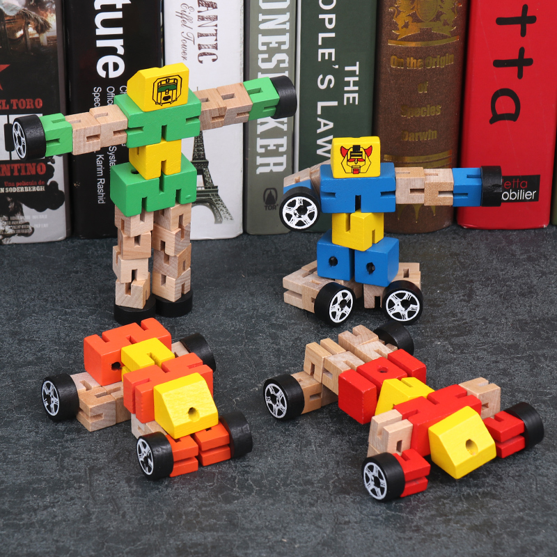 3岁儿童益智力玩具 积木制 拼装 百变机器人魔方变形关节组装