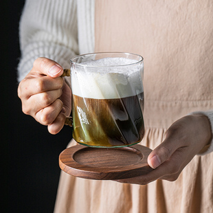 咖啡杯女高颜值绿色渐变马克杯带把手藤编玻璃水杯新款 大容量美式