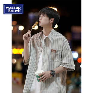 WASSUP条纹短袖 夏季 男士 宽松小众设计感潮牌痞帅港风衬衣外套 衬衫