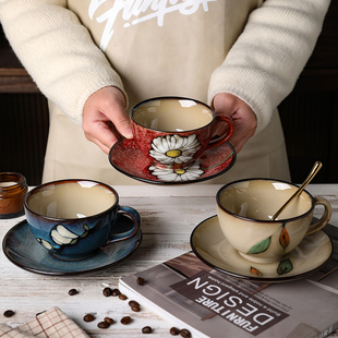 创意情侣杯马克杯子早餐杯 舍里复古窑变陶瓷拿铁拉花咖啡杯碟套装