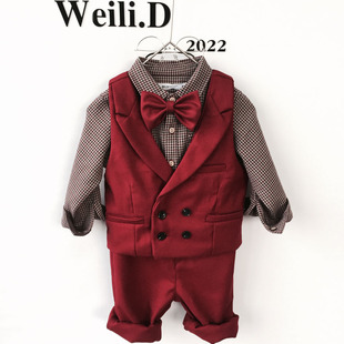 男宝宝周岁抓周红色礼服男童绅士花童演出小西装 套装 衬衫 马甲长袖