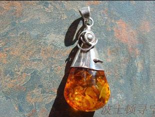 俄罗斯60年代琥珀吊坠 西洋古董珠宝 花珀 老银饰 天然琥珀