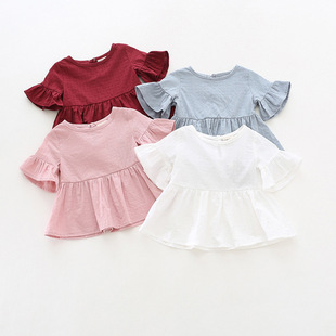 儿童荷叶裙T恤裙式 婴儿上衣韩版 女童娃娃衫 衬衫 夏棉麻女宝宝短袖