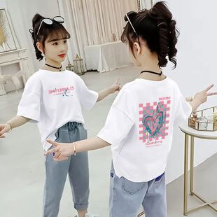 纯棉女童t恤2024新款 韩版 中大童短袖 潮洋气小女孩儿童上衣 夏装