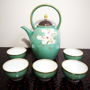 高档日本Noritake则武停产绿釉镀金边袖 珍小茶杯整套茶具特价 包邮