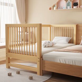 榉木实木儿童床拼接床宝宝床边床婴儿小床加宽大床高护栏延边定制