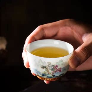 景德镇陶瓷小茶杯送长辈主人杯单杯茶具送人茶杯粉彩描 高档仙袋