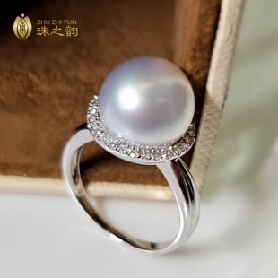 深海澳白天然海水珍珠戒指18k金镶钻石南洋白珠正圆强光奢华高贵