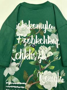 上衣 t恤女夏设计感小众植物花卉印花宽松半袖 日系复古墨绿色短袖
