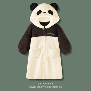 卡通小熊猫宽松可外穿睡袍 2022年新款 Pinksea珊瑚绒睡衣女秋冬季