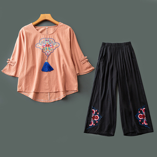 刺绣套装 夏季 两件套 时尚 新款 休闲文艺复古上衣长裤 外贸轻薄中袖