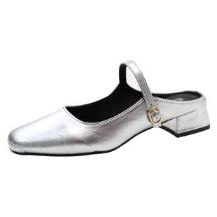 银色鞋 设计感银色玛丽珍包头半拖鞋 子春夏粗跟高跟鞋 法式 女鞋 单鞋