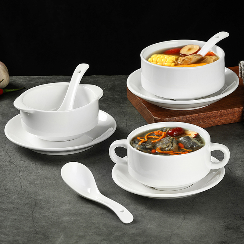 纯白双耳汤碗汤杯汤盅碗简约陶瓷餐具烘焙蒸蛋早餐粥碗甜品碗 西式
