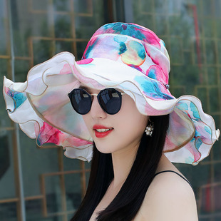 夏天大沿太阳帽出游防晒荷叶边沙滩帽防风可折叠 遮阳帽子女士韩版
