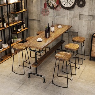 复古实木吧台桌美式 咖啡厅酒吧长条桌子家用铁艺靠墙高脚桌椅组合