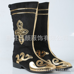 高帮筒藏族靴蒙古族新疆维族舞蹈演出靴子 鞋 传统黑色少数民族男款