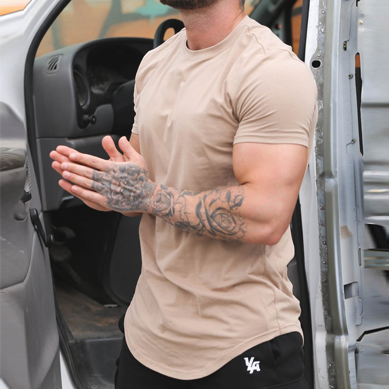 春季 肌肉型男健身兄弟修身 短袖 纯色T恤透气弹力纯棉运动上衣 新款