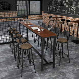 创意实木靠墙吧台桌椅组合咖啡厅家用吧台桌奶茶店酒吧台高脚桌椅