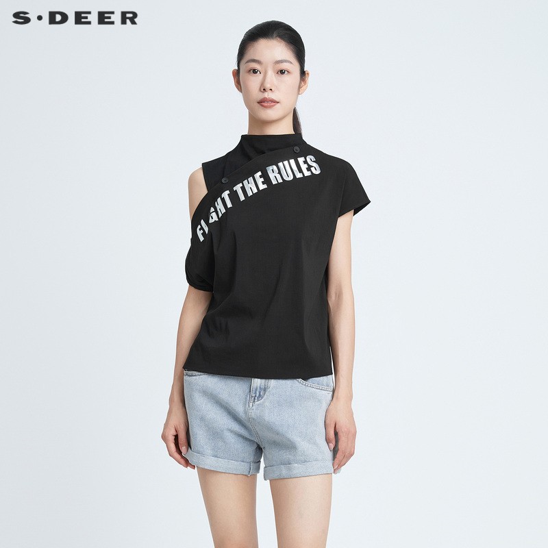 sdeer圣迪奥明星同款 小众设计夏装 挖肩不规则T恤女S21280163 个性