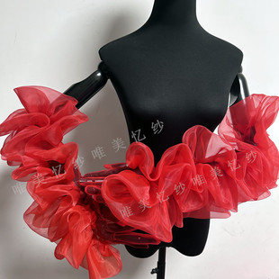 时尚 手套欧根纱花朵酒红色超仙走秀时装 新娘造型手套泡袖 个性 新款