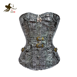 艾米丽宫廷哥特式 束身衣 corset 印花钢扣银色束腰美体宫廷塑身衣