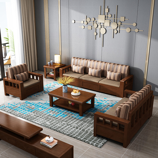 全木质L型储物沙发 实木沙发组合冬夏两用客厅布艺转角贵妃新中式