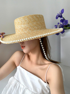 气质女潮 ins博主手工珍珠链条麦秆草平顶草帽沙滩度假遮阳帽法式