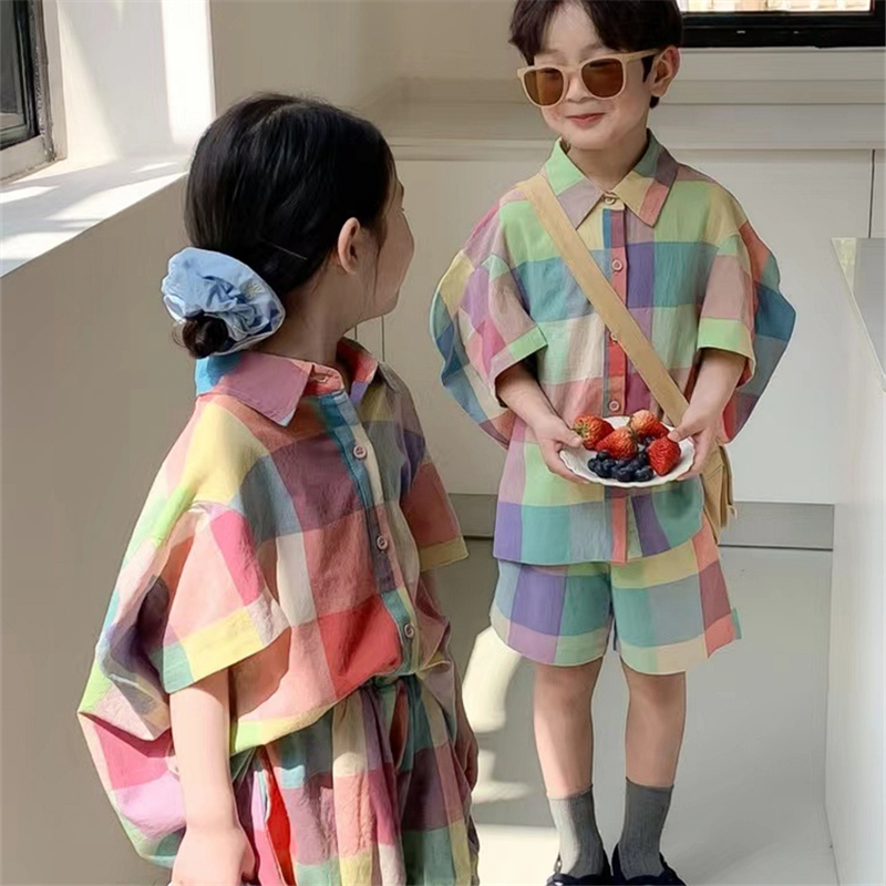 两件套兄妹装 韩版 儿童姐弟装 男女童彩色格子套装 短裤 洋气短袖 夏季
