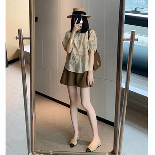 短裤 时尚 女韩版 2024年新款 休闲两件套 工装 套装 洋气减龄雪纺衫 夏季