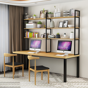 电脑桌小卧室简约学生一体办公桌子 实木书桌书架组合家用台式 美式