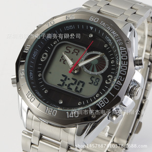 外贸热卖 男士 多功能户外运动手表 双显LED太阳能钢带手表