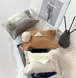 原创设计毛球纸巾套纯色米色灰色布艺纸巾盒车载纸巾套
