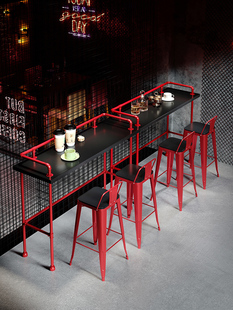 工业风水管吧台桌酒吧奶茶店家用靠墙实木长条桌铁艺高脚桌椅 新款