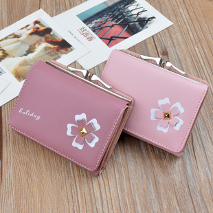 短款 钱包wallet韩版 印花纯色花朵折叠钱夹 学生可爱女生小清新时尚